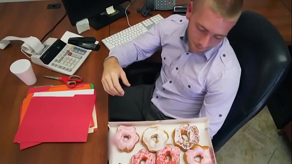 Big cock gay studs are ready for a hardcore anal threesome at the office.