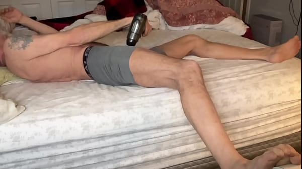 Stretching & Massage Gun Play in Tight Boxer Briefs